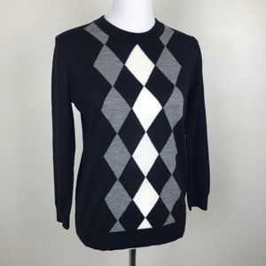 J. Crew Merino Wool Black White Gray Argyle Pullover Sweater (size XS)